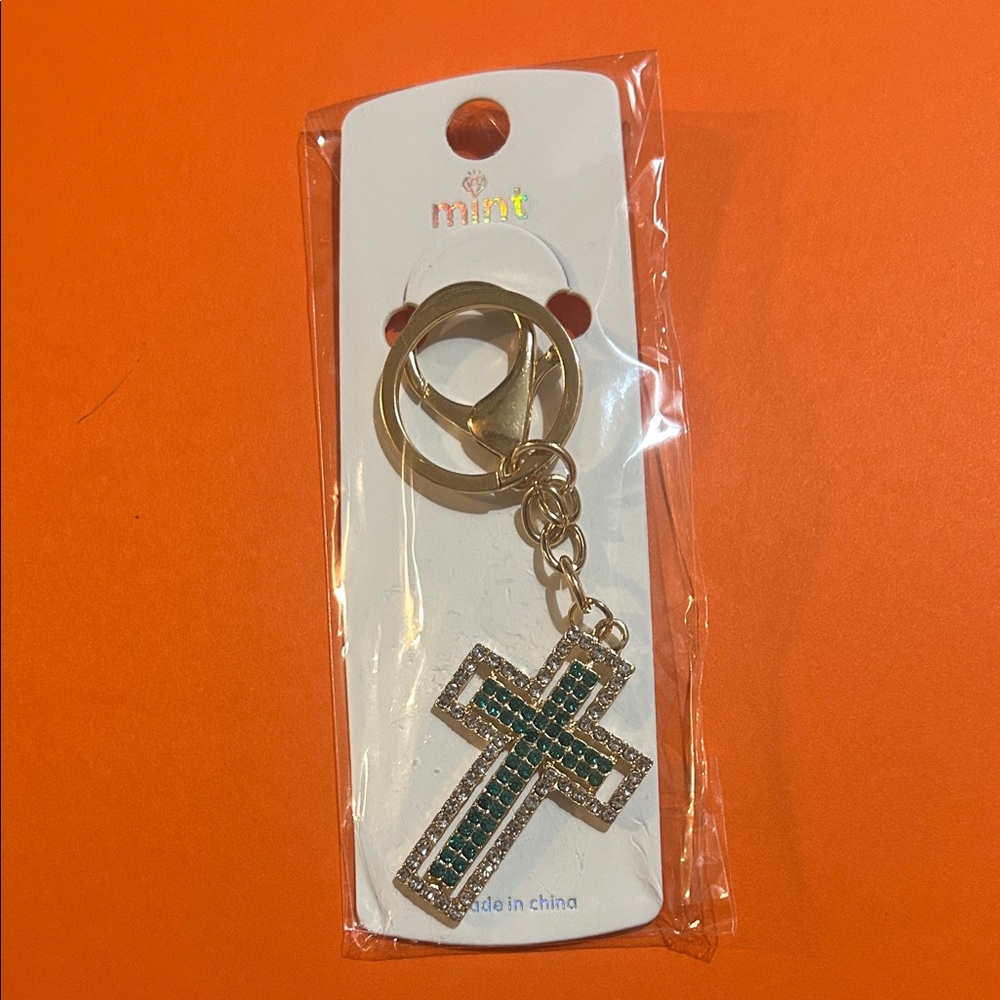 Mint Gold Cross Key & bag charm with Green Stones